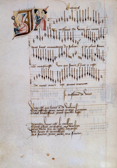 Manuscript page of a collection of French song scores by French School