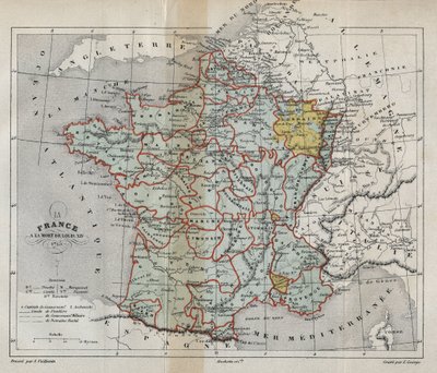 Map of France on the death of Louis XIV in 1715 - engraving in 