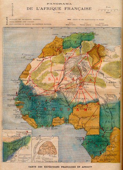 Map of French expeditions in Africa, illustration from Le Petit Journal of March 5 by French School