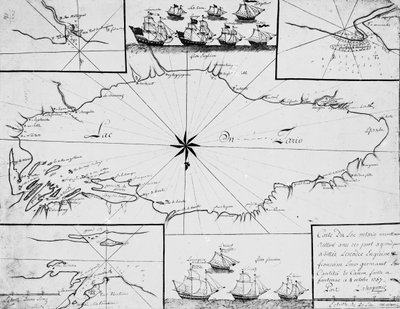 Map of Lake Ontario with the English and French fleets by French School