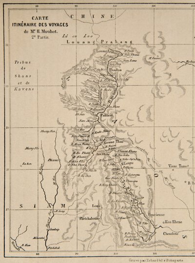 Map of Laos and the Mekong River Showing the Route of the Voyage of Henri Mouhot, Illustration from Travels in the Central Parts of Indo-China (Siam), Cambodia, and Laos During the Years 1858, 1859 by French School