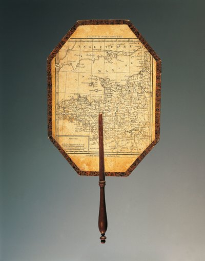 Map of Northwestern France, gouache-painted cardboard fan with watercolored print and shaped wood handle by French School