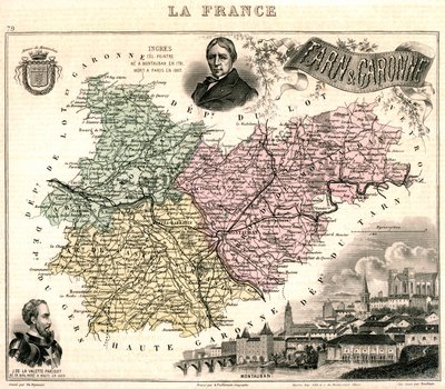 Map of Tarn-et-Garonne with a View of Montauban and Portraits of Ingres and Jean Parisot de La Valette by French School