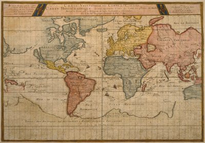 Map showing the world trade shipping routes, cartography by Pierre Duval published in 1686, Paris by French School