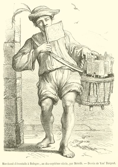 Fan Merchant in Bologna, in the seventeenth century (engraving) by French School