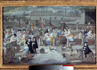 Market at the poultry and bread, quai des Grands Augustins in Paris in 1660. Anonymous French painting by French School