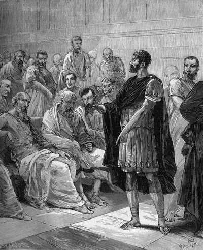 Marcus Atilius Regulus before the Roman Senate - The Roman consul Marcus Atilius Regulus (about 256 BC) before the Roman Senate - in “Popular history of science, inventions and discoveries from the first centuries to the present day” by Bitard Adolphe 1880 by French School