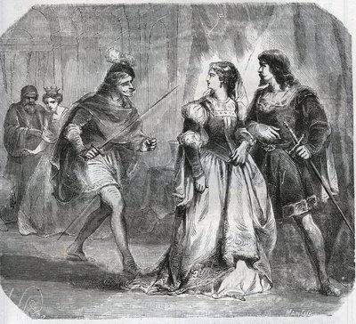 Marguerite de Baviere, Duchess of Burgundy (1363-1423) and Queen Isabeau of Baviere (1371-1435) separate Louis I of Valois, Duke of Orleans (1372-1407) and Jean Sans Peur, Duke of Burgundy (1371-1419), who fight for the government by French School