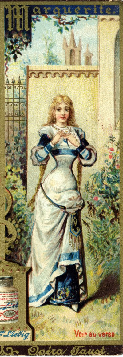 Marguerite in the Opera Faust by Charles Gounod, after the Piece by Johann Wolfgang von Goethe. Alphabet of Female Names on the Theme: Feminine Costumes and Operas. Liebig Advertising Chromolithography by French School