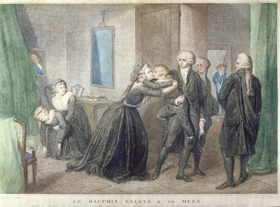 Marie-Antoinette bids farewell to her son the Dauphin, Louis-Charles de Bourbon at the Temple, 3rd July 1793 by French School