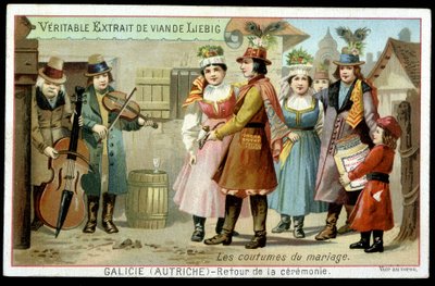Marriage customs: return of the ceremony in Galicia, Austria - chromo. Liebig, 1895 by French School