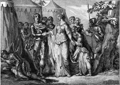 Marriage of Childeric I (ca. 436-481 or 482), King of the Salian Franks, with Basina of Thuringia (445-491), in 463. Engraving of the 18th century by French School