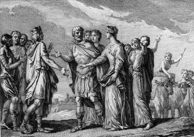 Marriage of Clovis I (466-511), King of the Franks, with Clotilde (Saint Clothilde, ca. 475-545) in 493. Engraving of the 18th century by French School