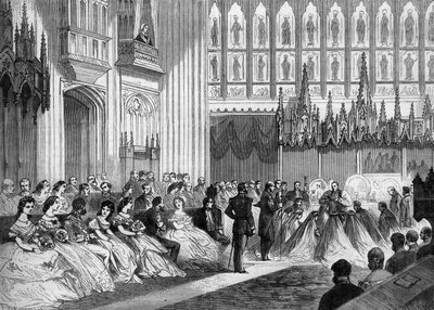 Marriage of Prince of Wales (1841-1910), future King of England Edward VII, with Princess Alexandra of Denmark (1844-1925) celebrated 10 March 1863 in Windsor, England. Engraving in “Le Monde Illustré” n°310 of 21 March 1863 by French School