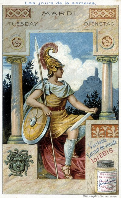 Mars embodies Tuesday. 19th century advertisement for 