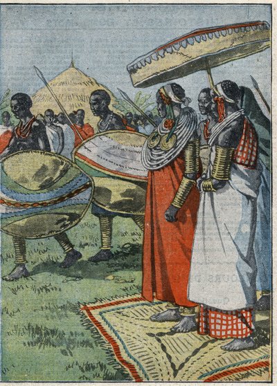 Masai custom: after a lion hunt, the guard of honour passes before the queen who wears wire necklaces - "Le Pelerin" October 14 by French School