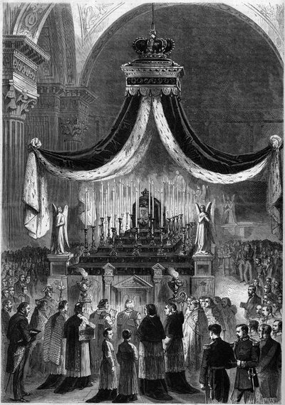 Mass celebrated at the Church of the Madeleine, in Paris, 21 November 1861, in memory of King Peter V and his brother, Fernando of Portugal. Engraving in 