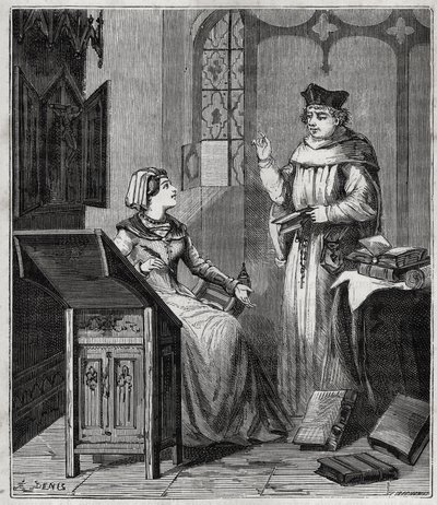 Matthieu Lansbert (15th-16th Century) and His Niece (engraving in 