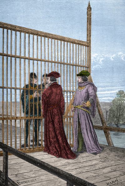 Meeting of King Edward IV and Louis XI of France at Pecquigny - Treaty of Picquigny on 29 August 1475 (Engraving in 