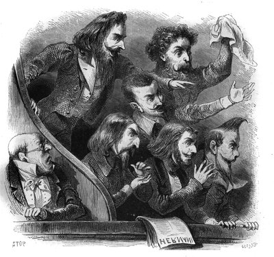 Members of the romantic literary movement attending the first representation of Victor Hugo