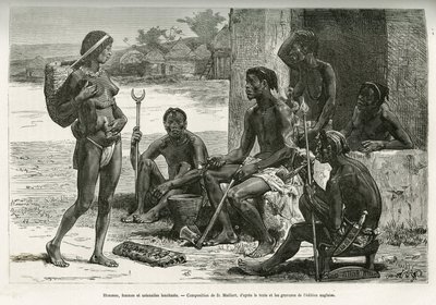 Men, Women and Utensils (Bihe Region, Rwanda). Engraving by D. Maillart, to Illustrate the Story How I Crossed Africa, from the Atlantic Ocean to the Indian Ocean, by Major Serpa Pinto, in 1877-1878, Published in the Tour du Monde, under the Direction of E by French School