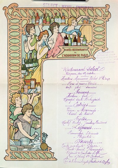 Menu from the Cafe Restaurants from the Aquarium de Paris by French School