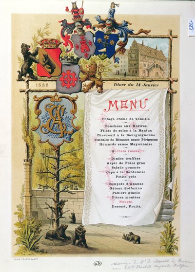 Menu, possibly from Le Bernois, 14th January 1888 by French School