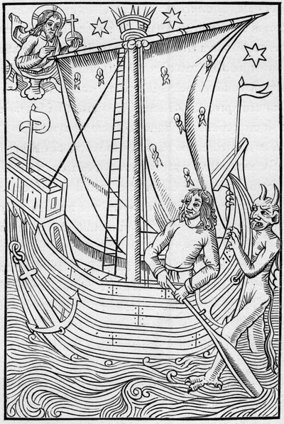 Merchant ship of the Middle Ages amidst the perils of the sea by French School