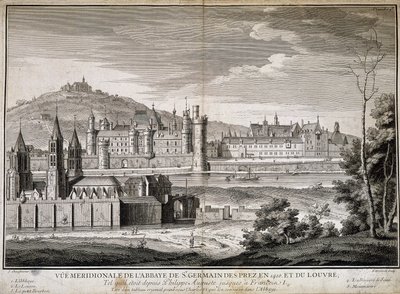 Meridional view of the abbey of Saint Germain des Pres and the Louvre in 1410 - engraving by French School