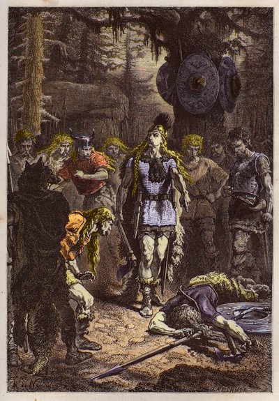 Merovingians: Clovis I shooting down the soldier who had broken the vase of Soissons, in 486 - Clovis (465-511) and the Frankish warrior who broke the Vase of Soissons in 486 - engraving from L