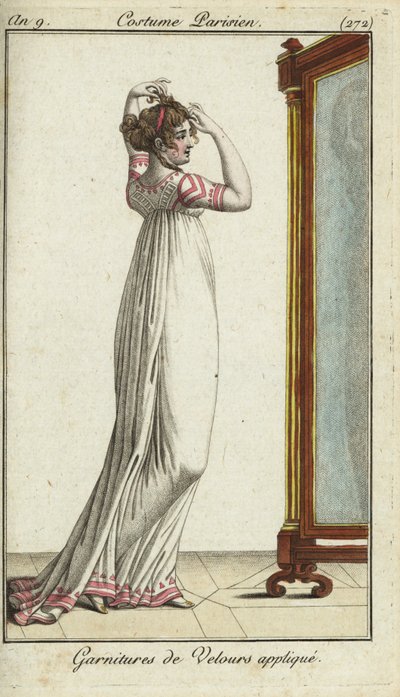 Merveilleuse fixing her hair in front of a mirror by French School