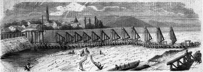 Meteorological phenomenon: desiccation of the Rhine in 1858. View of the Kehl Bridge (Germany), taken downstream of the French coast. Engraving in 