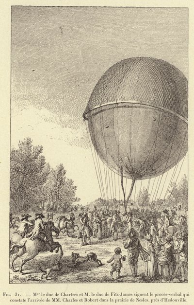 The Duke of Chartres and the Duke of Fitz-James Sign the Report Confirming the Arrival of Charles and Robert in the Meadow of Nesles, near Hedouville (engraving) by French School