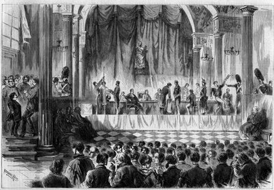 Military recruitment: draw of lots for conscripts of 1858, in the Saint Jean room of the Hotel de Ville in Paris. Engraving in 