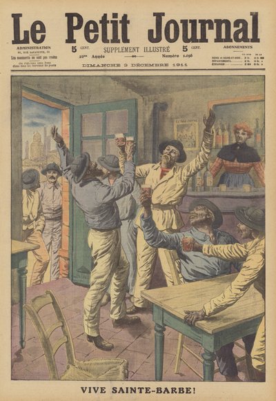 Miners Drinking a Toast to St Barbara, Their Patron Saint (colour litho) by French School