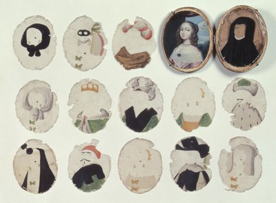 Miniature for transformations comprising a case with painted portrait of a young girl and painted mica strips which fit together to change the portrait by French School