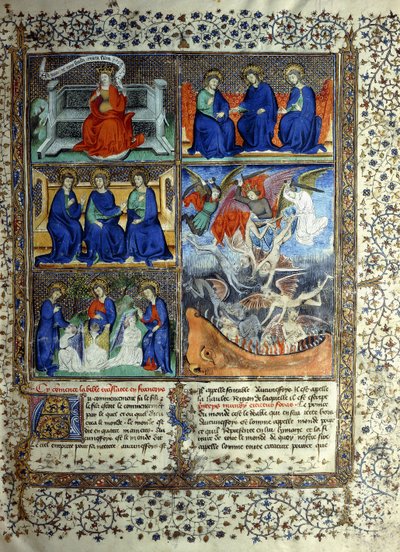 Miniature representing the Kingdom of Heaven before the creation: Sapientia, the Trinity, and the Expulsion of Lucifer from Heaven, c.1410 by French School