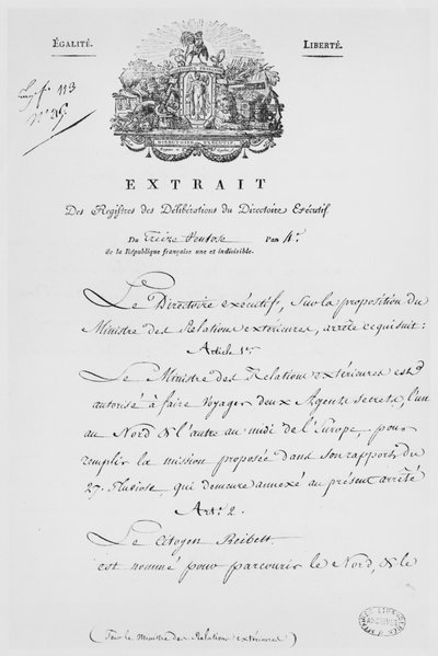 Ministry of Foreign Affairs, nomination of two secret agents, 1796 by French School