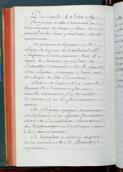 Minutes from a meeting of the Academy of Sciences, 4th July 1789 by French School
