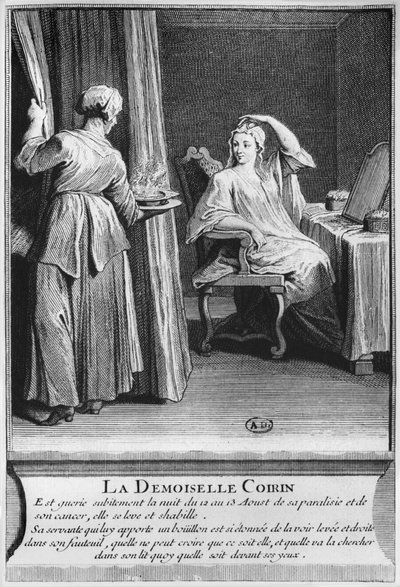 Miraculous healing of the paralysis and cancer of Demoiselle Coirin, on the tomb of Deacon Francois de Paris at the parish cemetery Saint-Medard in Paris, illustration from La verite des miracles de M by French School