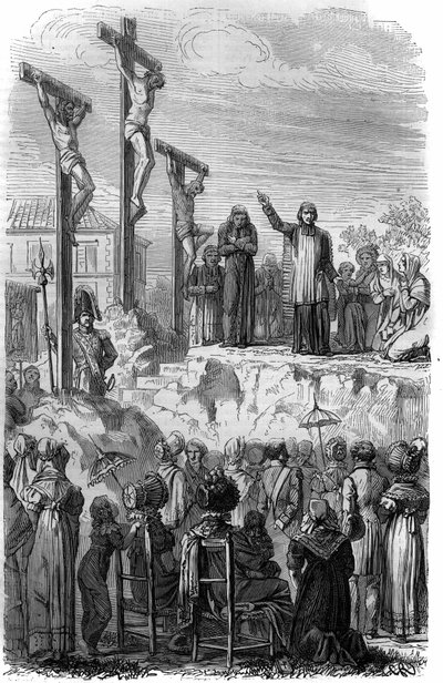 Missions organized by the Jesuites in France in the 19th century. Engraving in 