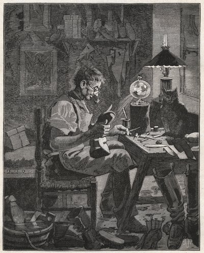 Modern Application by a Shoemaker of the Pila Vitrea. Glass Globe Filled with Water to be Placed Between a Person and the Object They Contemplate to Enlarge it and Make it More Visible. Engraving from 1885 in 