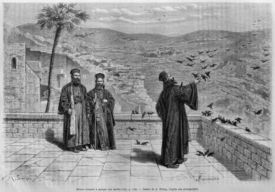 Monk feeding birds, monastery of Marsaha, from La Syrie daujourdhui. Voyages dans la Phenicie le Liban et la Judee. 1875-1880 by Louis Charles Emile Lortet, 1884 by French School