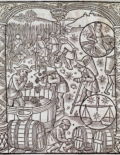 Month of harvest, with Virgo and Libra zodiac signs, from Le grand calendrier des bergers by French School