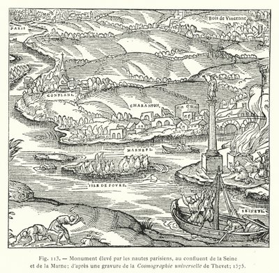 Monument erected by the Parisian boatmen, at the confluence of the Seine and the Marne; after an engraving from Thevet