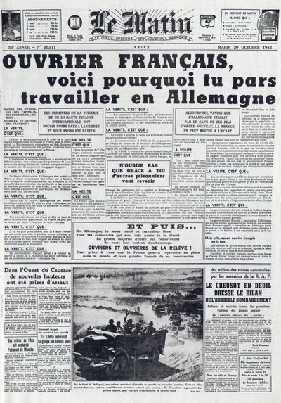 Morning Journal No. 21311 of 20 October 1942: The Sto - Compulsory Labour Service - Why go to work in Germany by French School
