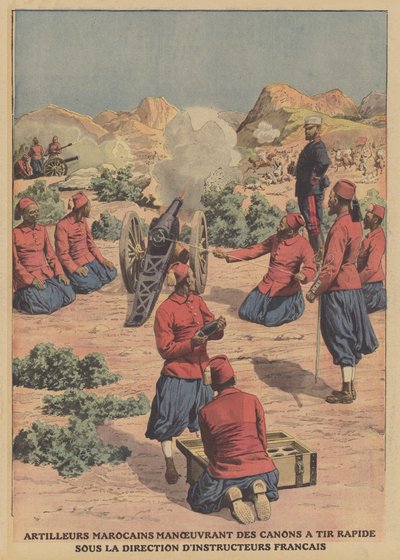 Moroccan artillerymen firing rapid fire cannons under the guidance of French military instructors by French School
