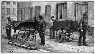 Mortuary depots in Paris: arm cars used to transport bodies to the depot. Engraving in 