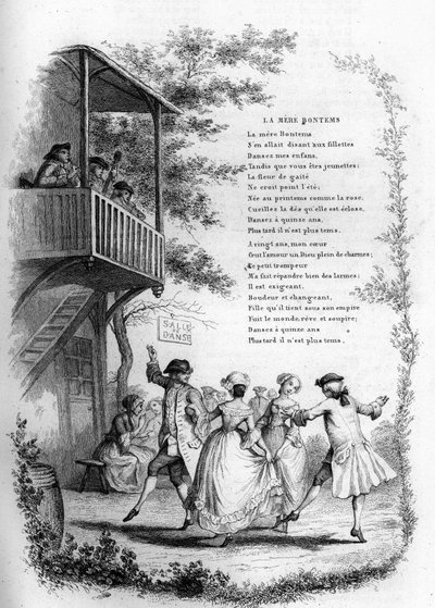 Mother Bontems (Bontemps). Dance of young couples in a village with musicians on the balcony. Engraving in Chants et chansons populaire de la France, Tome 2 by French School