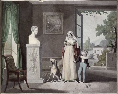 Mother and Son Crying Before the Bust of a Dead Soldier by French School